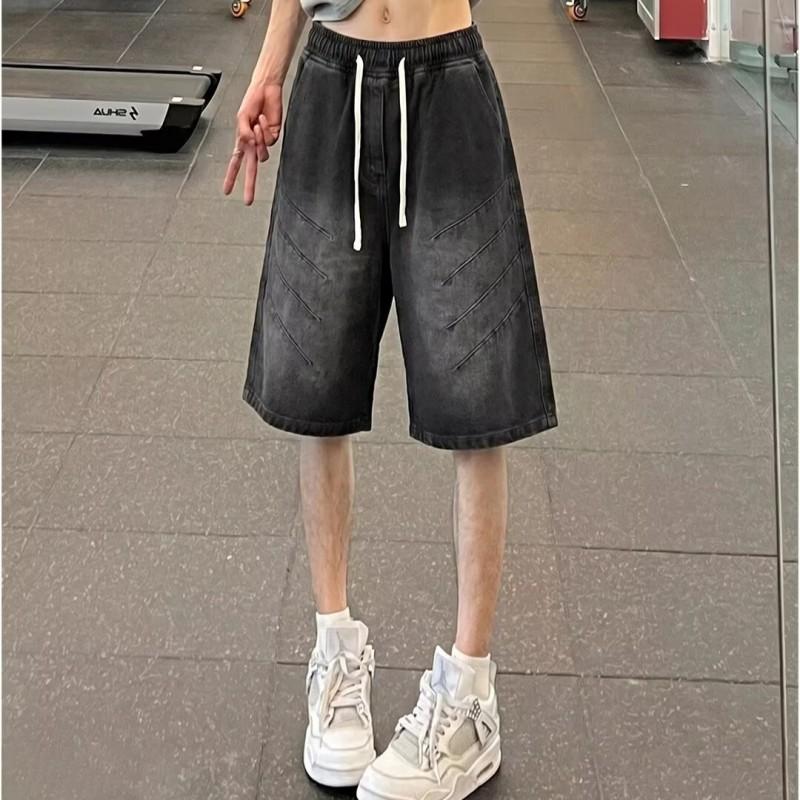 Unisex Washed Denim Shorts Loose Fit Mid-Rise Zip Fly Casual Five-Point Pants Cotton