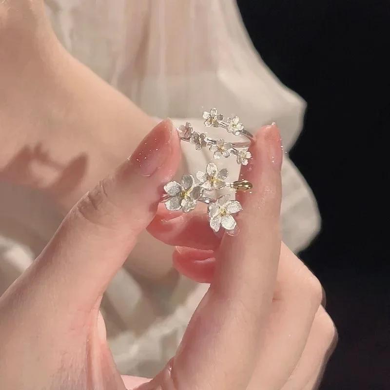 Unique Delicate Flower Opening Adjustable Ring Set for Women Korean Silver Color Minimalist Finger Rings Engagement Jewelry Gift