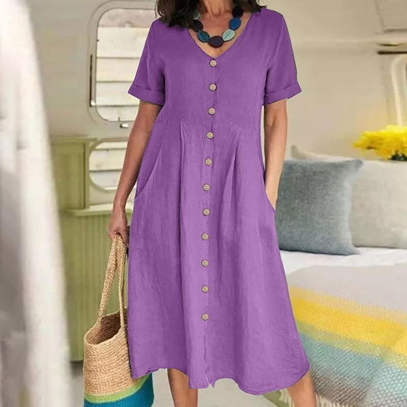 Fashion V Neck Short Sleeve Summer Women Shirt Dress Solid Color Loose Elegant High Waist Casual A-line Dresses Female Simple Office Pockets Clothing