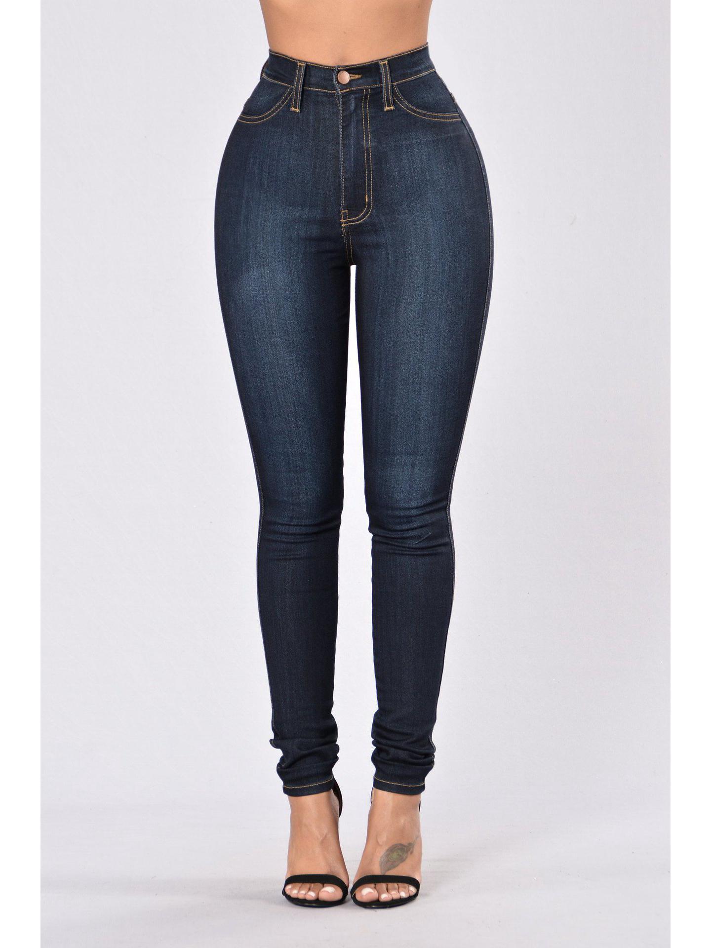 

High Waist Elastic Slim Fit Denim Skinny Pants 2XL темно-синього кольору