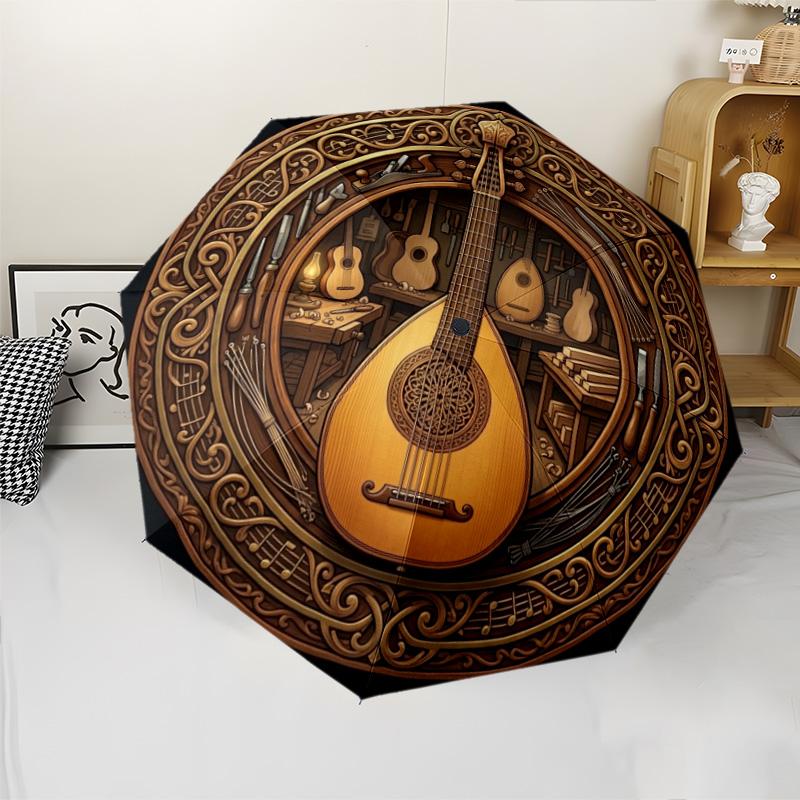 Guitar Craftsmanship Artistry pattern umbrella, portable and foldable design, 8 ribs, a casual accessory for Halloween, Christmas, and birthday gifts.