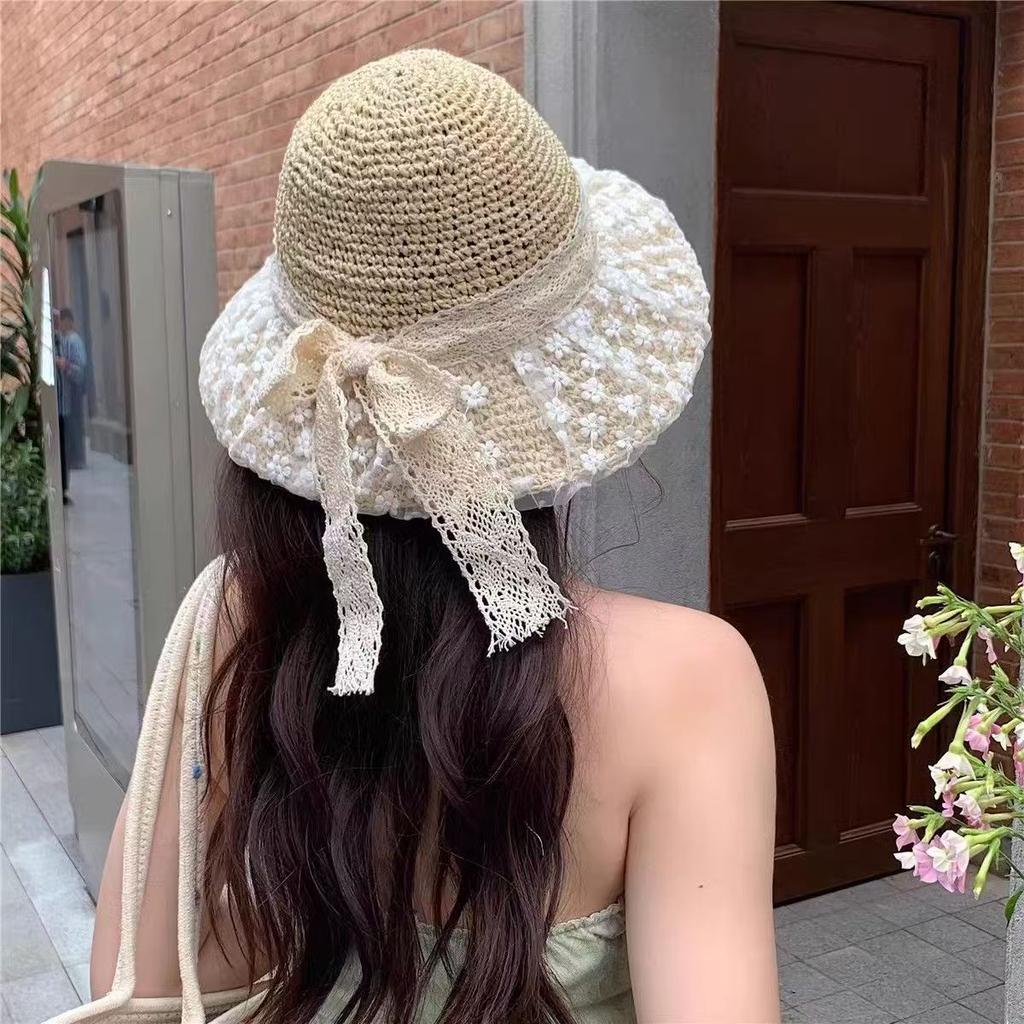 Straw Hat Lace Seaside Sunshade Bucket Hat Japanese Beach Vacation Sunscreen Hat Sun Hat Summer Outing Big Eaves Hat