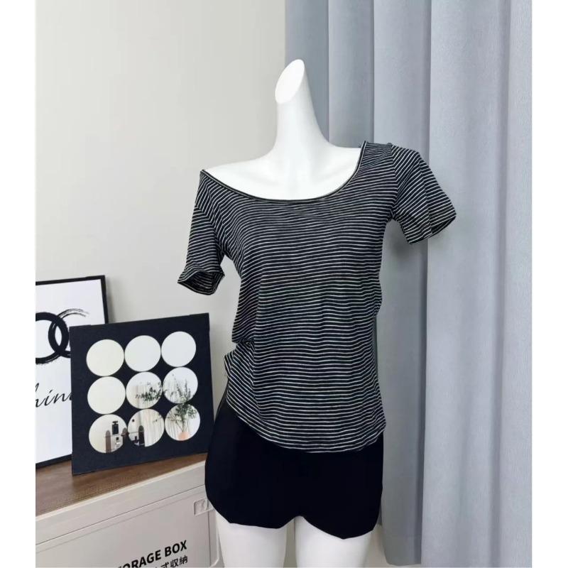 Damen schulterfreies gestreiftes T-Shirt Kurzarm figurbetont Lässig Täglich Oberteil