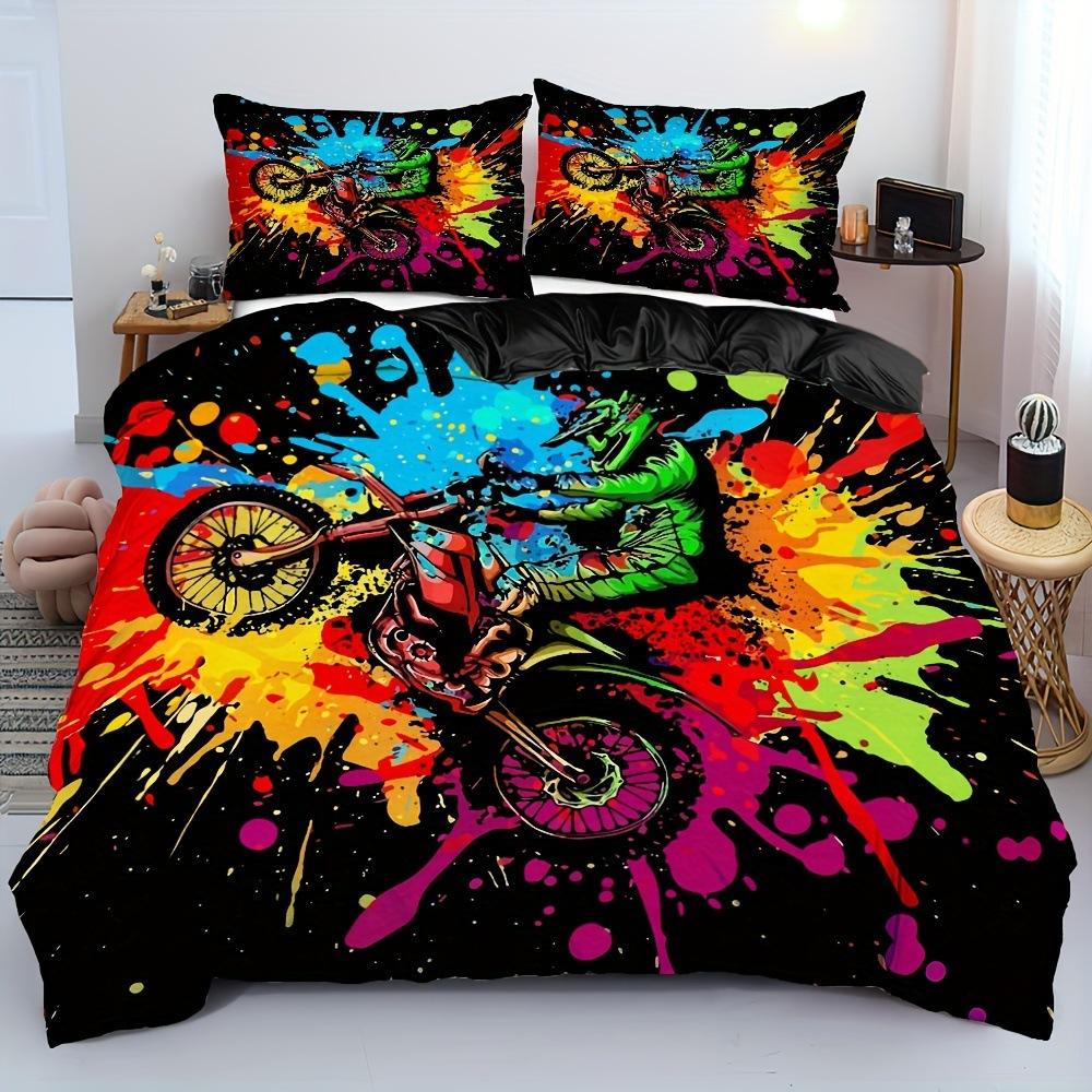 Extreme Sports Theme Colorful Graffiti Motorcycle Duvet Set Soft Bedding Set Three-Piece Set