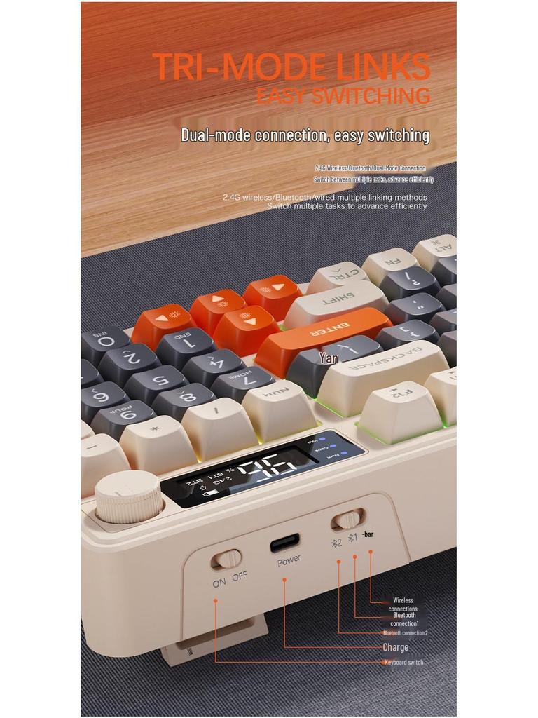 Free Wolf M96 Dual-Mode Wireless Bluetooth Keyboard: PBT Spherical Keycaps, Display Screen, Knob Control, Mechanical Feel, Gaming-Ready.