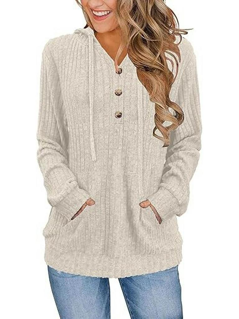 2025 Autumn/Winter Women's Solid Color Ribbed Knit Hoodie Sweater