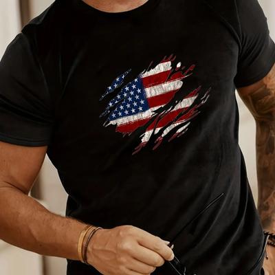 T-shirt da uomo estiva casual in cotone, taglia larga, 100% cotone, con stampa trendy a bandiera americana, girocollo, manica corta