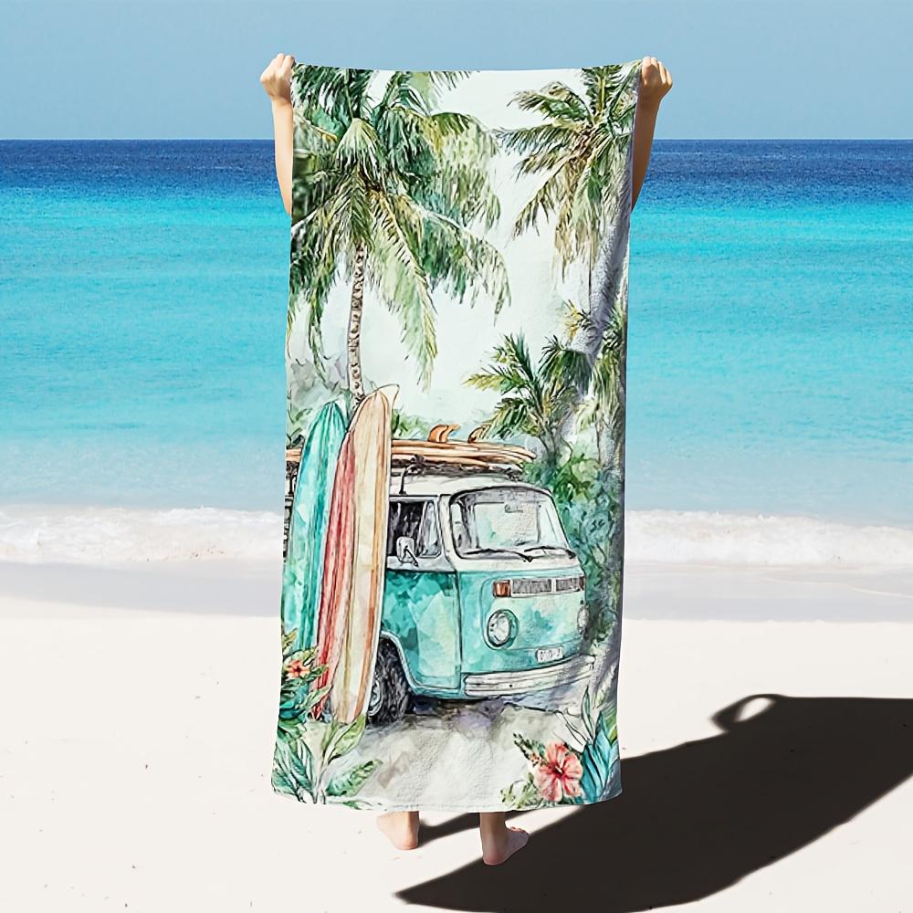 Ka Chen Muxi White Watercolor Retro Van Surfboard Palm Tree Beach Towel Extra Large Quick Dry Microfiber Sand Free Absorbent Washable