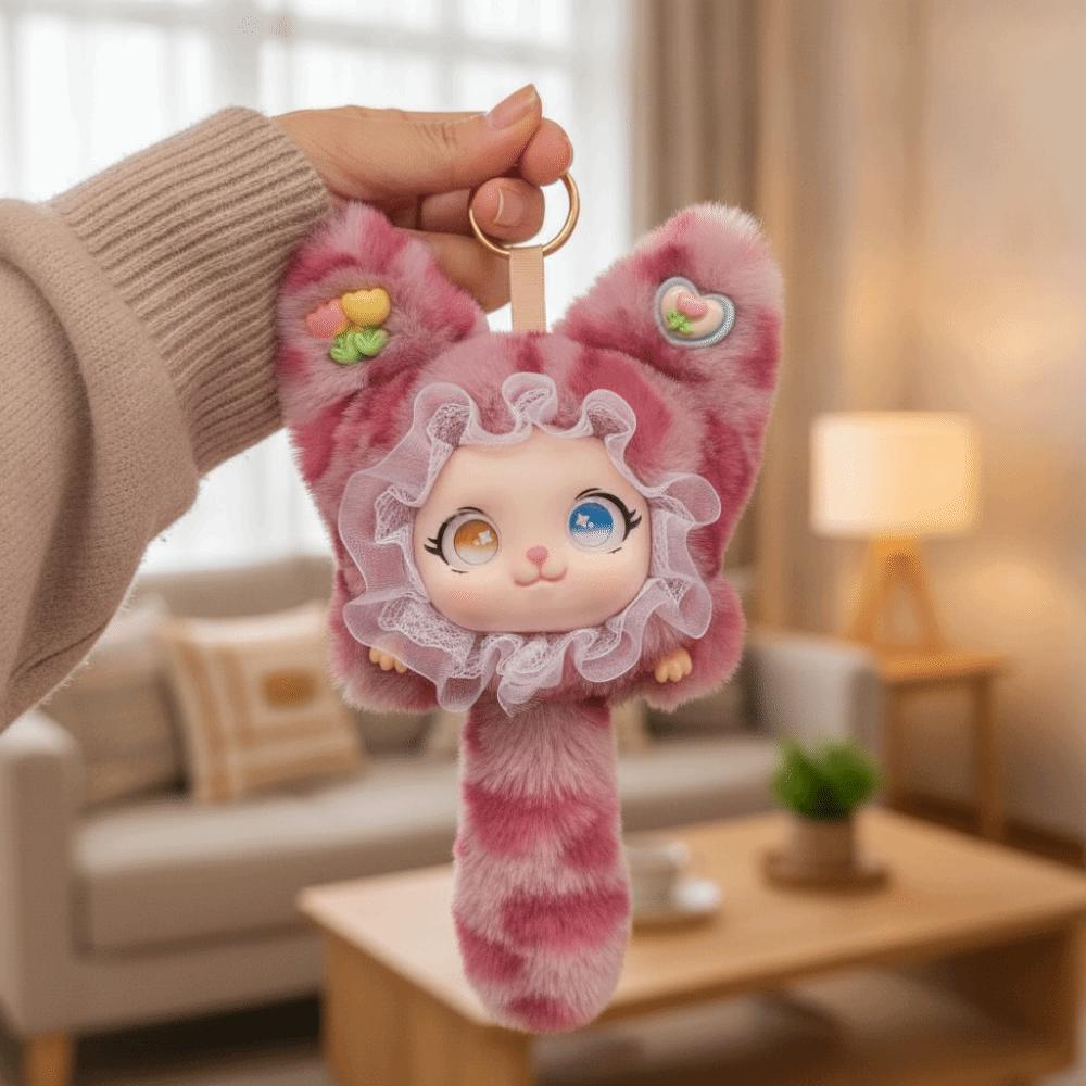 Plush Material Lace Leopard Print Cat Plush Keychain Vinyl Face Doll Pendant Birthday Xmas Gift
