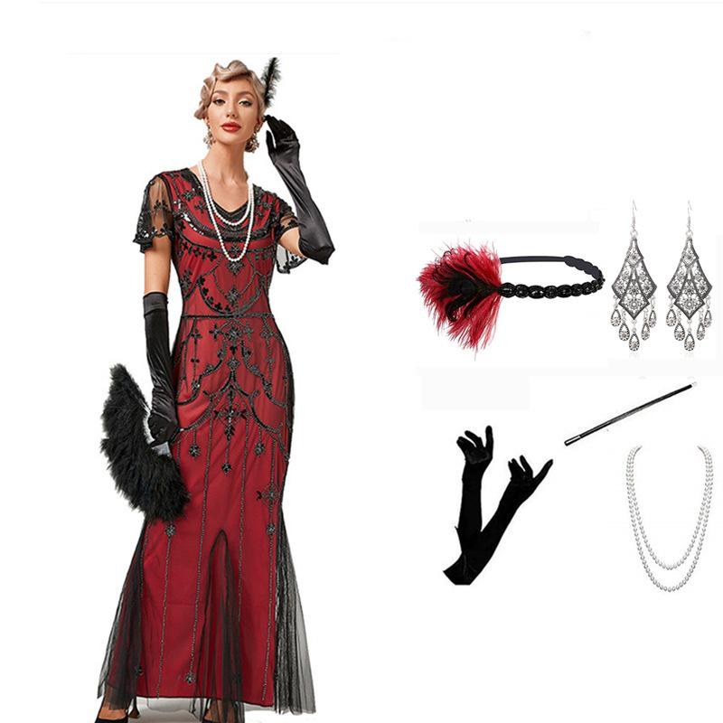 European 1920s Gatsby Retro Sequin Short Sleeve Evening Gown S