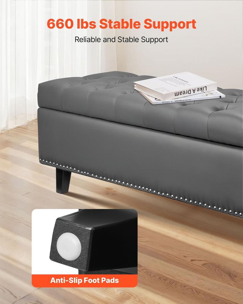 Button-Tufted Storage Ottoman Bench, PU Leather Bench with Storage and Solid Wood Legs, Modern Shoe Benches Seat for Entryway, Upholstered End of Bed