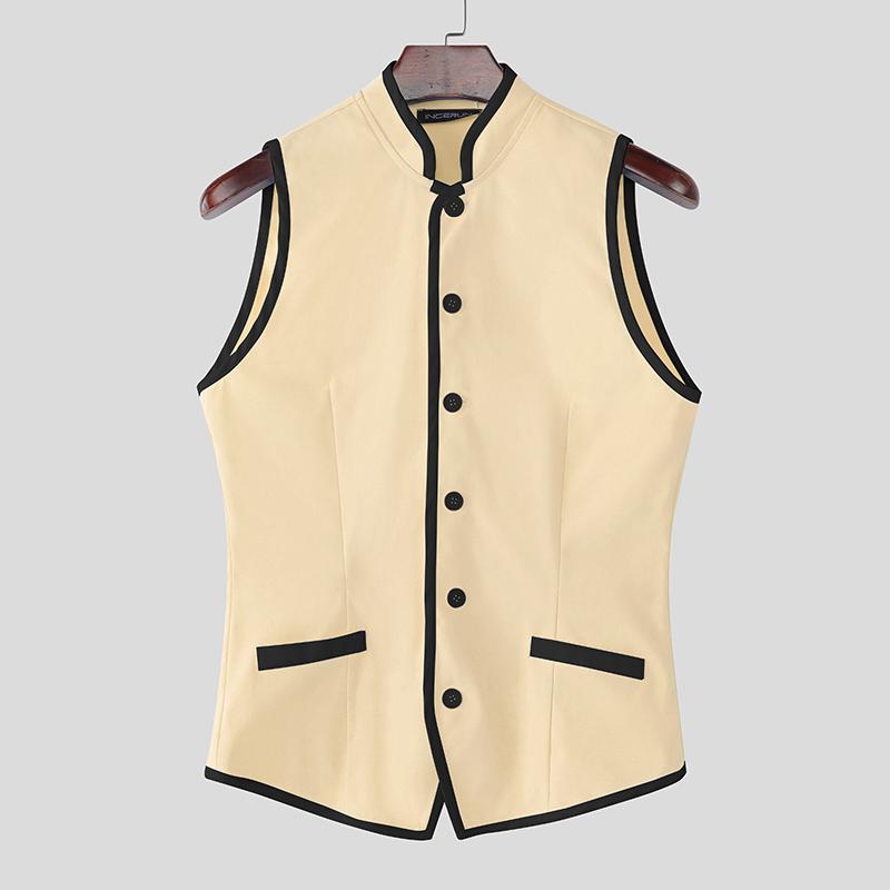 

INCERUN Men Lapel Neck Sleeveless Stitching Slim Waist Buttons Up Thin Waistcoat Tops 3XL абрикосовый