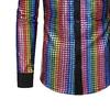 Männer Hemd Glänzend Glatt Pailletten Stehkragen Einreiher Umlegekragen Langarm Club Dance Disco Bühne Leistung Vintage top