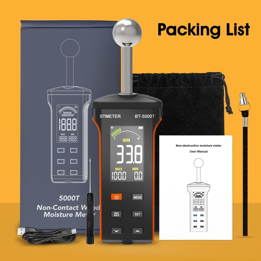Digital Pinless Moisture Meter with Ball Probe & Color LCD 0~70% RH Range, Alarm Function for Wood/Walls/Concrete/Masonry/Gypsum