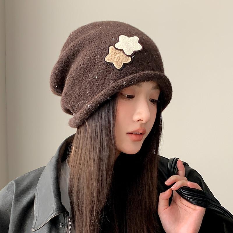 Versatile Hat Women's Big Head Circumference Showing Face Small Pile Hat Star Pullover Hat Warm Knitted Wool Hat Men