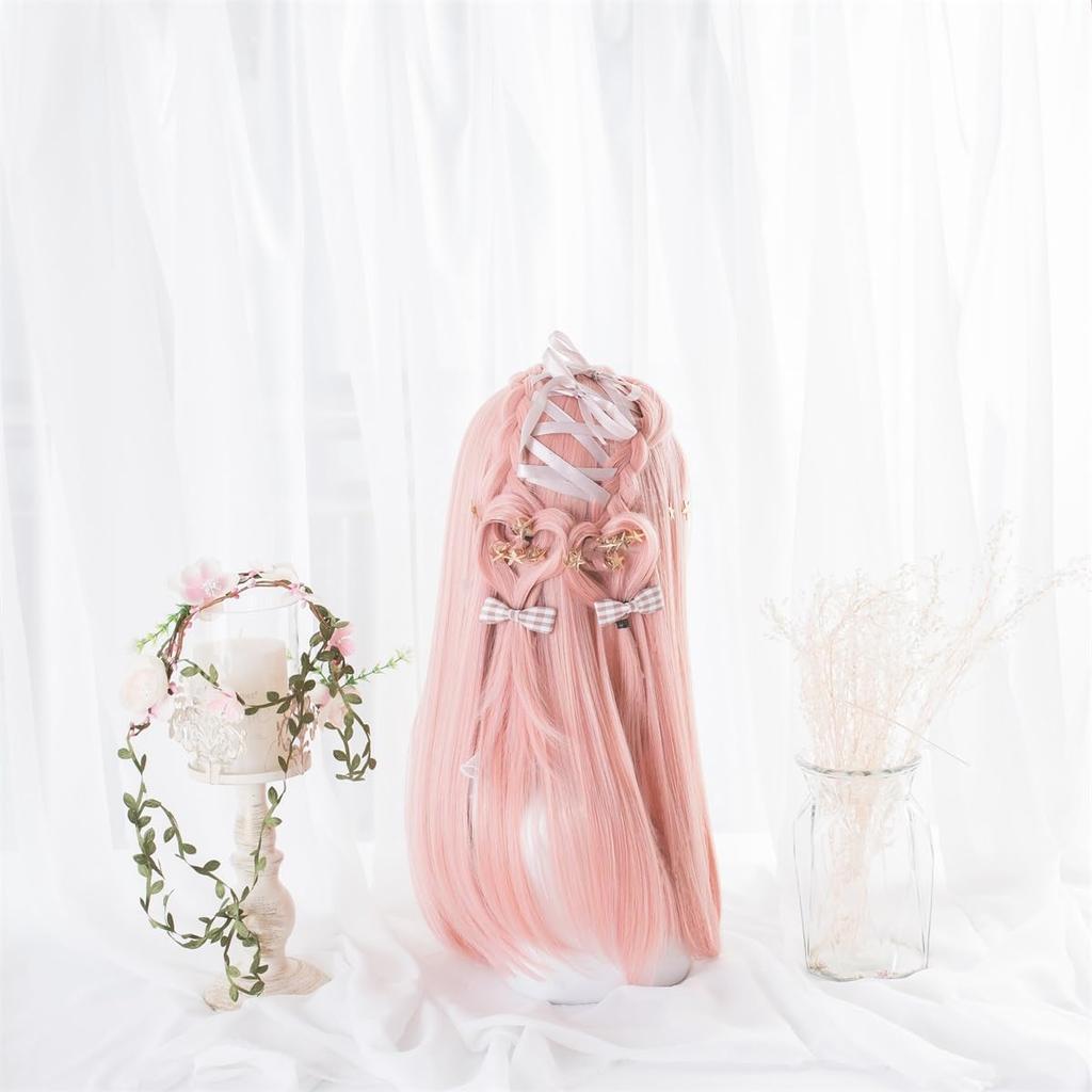 RyuuCos Lolita Lung Lung Twin Roz Roz Mic Căldură Școală Festival Cultural Perucă, Păr, Drept, Codite, Perucă, Piersică, Față, Drăguț, Cosplay, Rezistent,