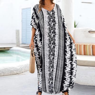 V-neck Lace-up Beach Cover-up Bikini Sunscreen Shirt Vacation Creative Irregular Print Women's Casual Dresses