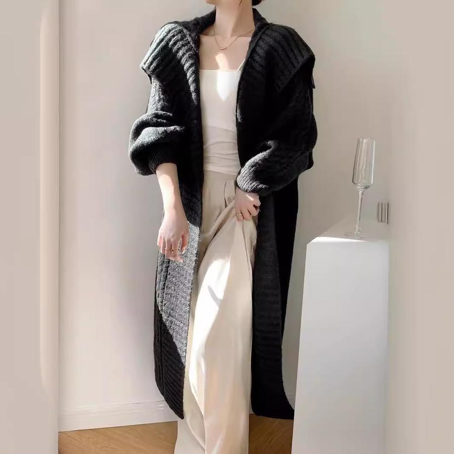 Oversized Chunky Knit Cardigan with Wide Collar - Lazy Style Casual Long Coat