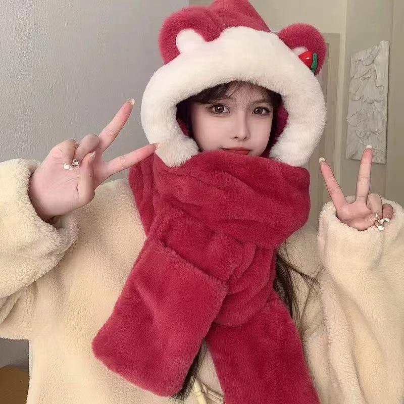 Women s Cute Strawberry Bear Hooded Plush Hat, Scarf, and Glove Set 230cm