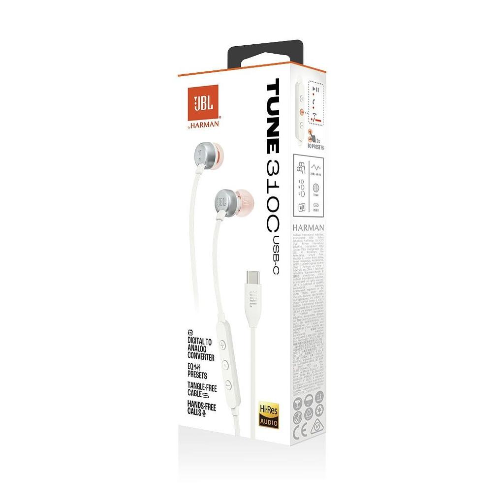 JBL TUNE310C Wired Earphones USB Type-C 96kHz/24bit DAC Call Microphone 3-Button Remote Flat Cable 9mm Dynamic Driver White