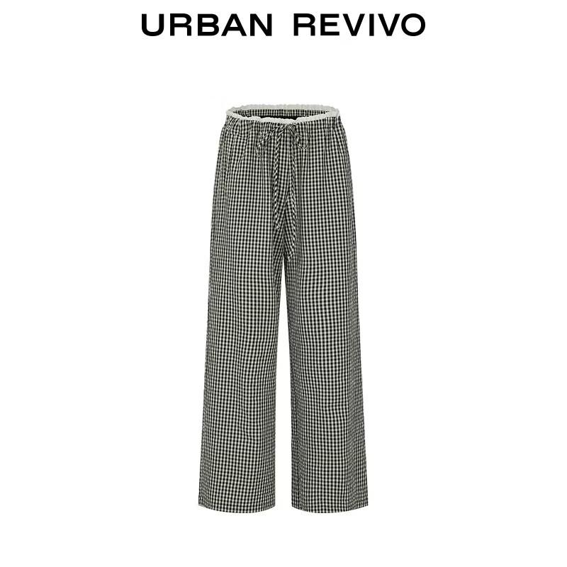UR2026 Women's Casual Plaid Wide-Leg Pants with Lace Trim