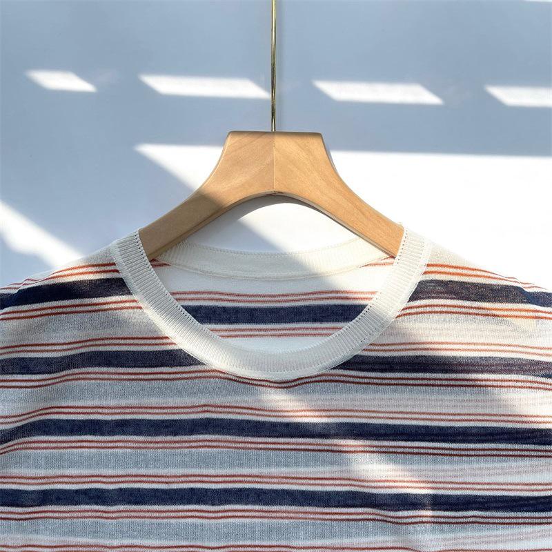 ED Women's Retro Casual Cotton-Linen Knit Cover-up T-Shirt with Contrast Stripe and Drawstring Hem