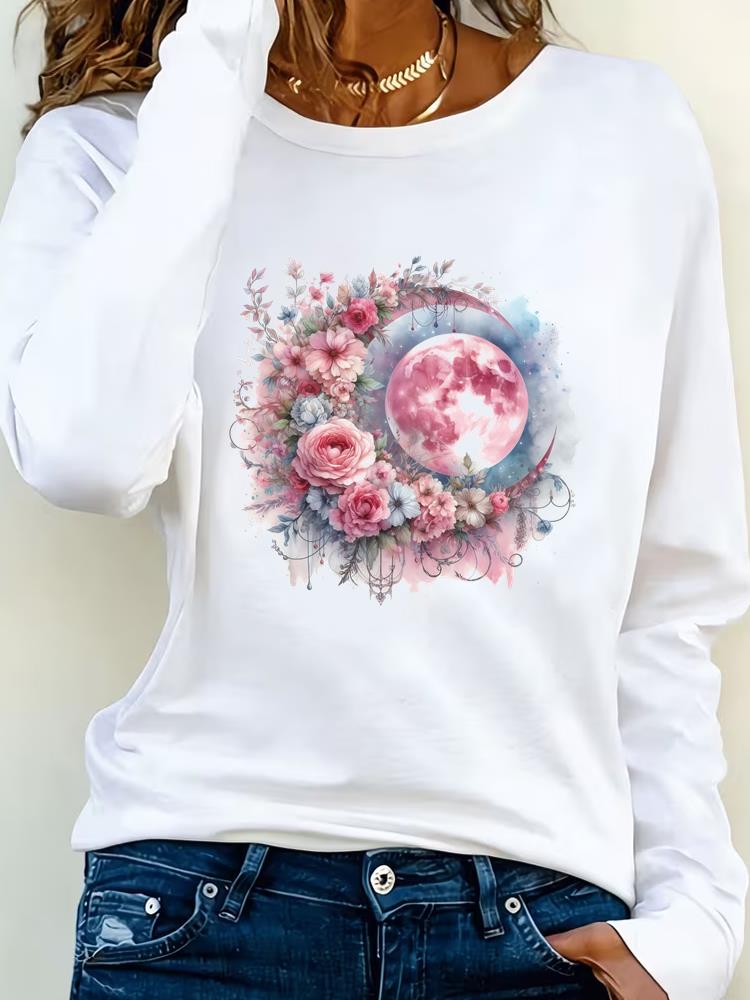 (Asian Size) Tee Lady Printed o-neck trend flower lovely Long Sleeve T Shirt Women Female Clothing Casual Fashion Top Graphic T-shirts