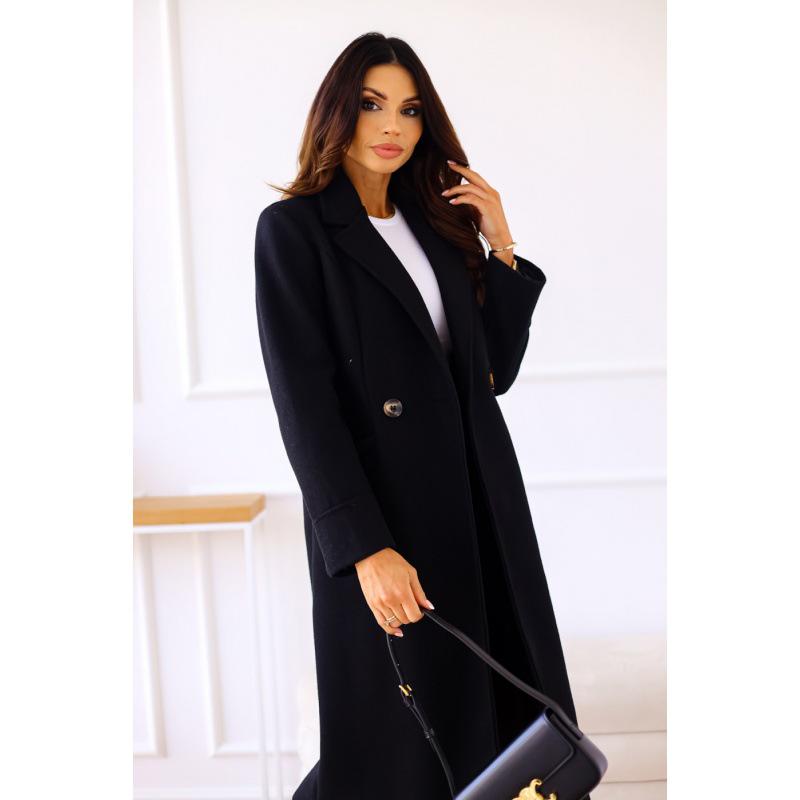 Palton de lână minimalist de toamnă/iarnă pentru femei, cu revere, cu mâneci lungi și cu două rânduri de nasturi