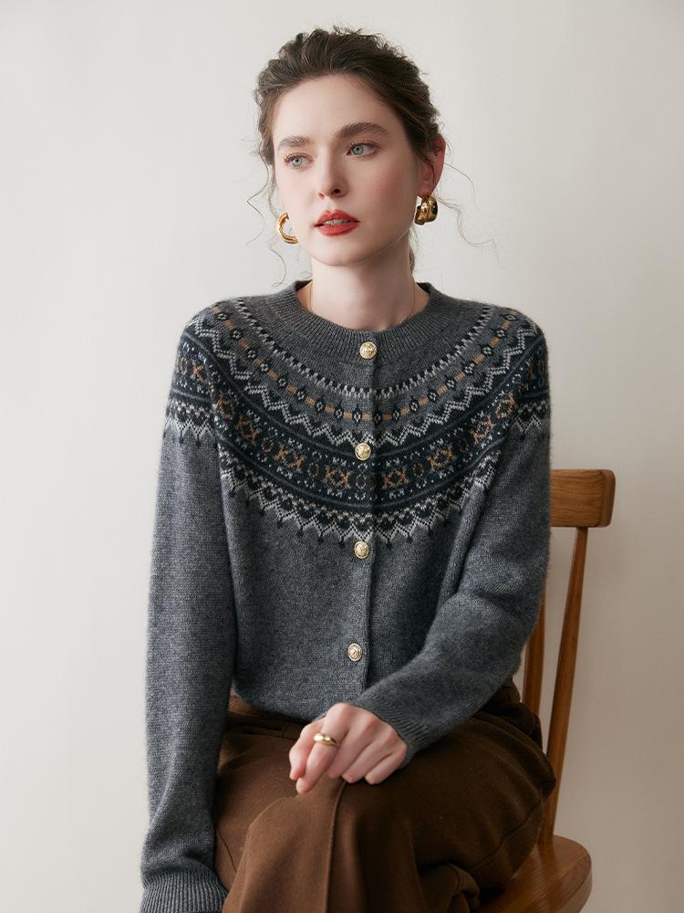Women's Retro Fair Isle Cashmere Cardigan - Soft Long Sleeve Wool Sweater with Round Neck