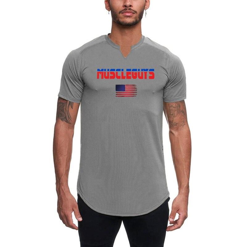 Muscleguys Men's Fitness Sports V-neck Short Sleeved T-shirt Summer New Youth Half Sleeve