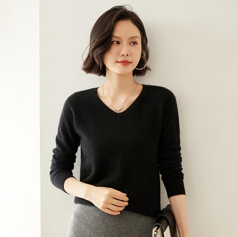 Women's V-Neck Cashmere Sweater - Slim Fit, Hollow Knit Pullover for Autumn/Winter