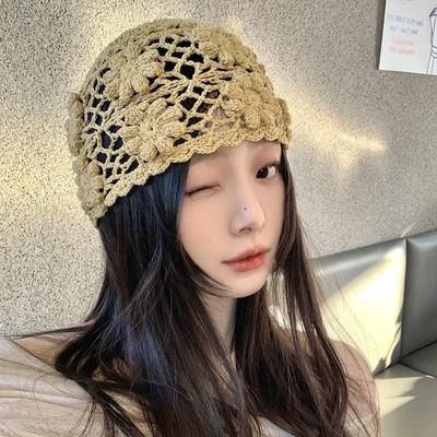 Weave Crochet Flower Hat Hollow Beanies Cap Korean Knit Basin Caps  Outdoor