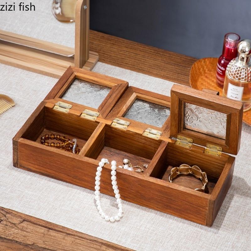 Solid Wood Storage Box Glass Lid Jewelry Boxes 3 Grids Snack Plate Dried Fruit Box Candy Boxes Jewelry Organizer Snack Trays