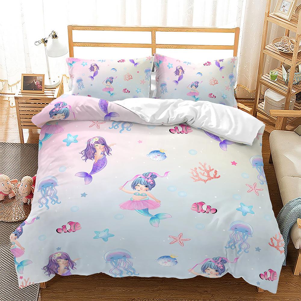 Tier-Thema Bettbezug-Set Quallen Meerjungfrau Cartoon-Muster Kawaii Bettwäscheset King Twin Full Size Polyester Bettdeckenbezug
