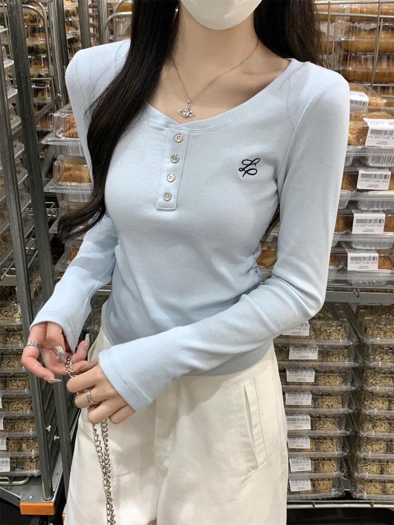 Korean Style Buttoned Round Neck Long Sleeve Slim Fit Apricot T-shirt for Women - Autumn 2025