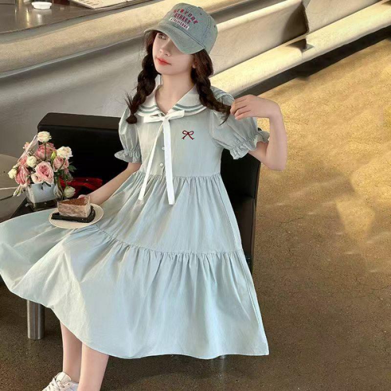 Girls Navy Collar Short Sleeve Dress Preppy Princess Skirt For Big Kids Students Summer Wear 120