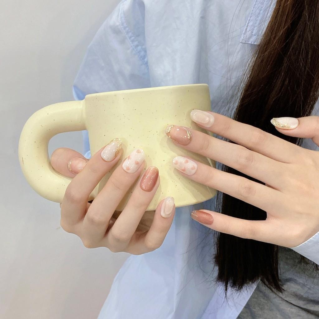 HANDMADE Artificial Nail Pink Heart Gilded Ice Transparent Phototherapy Nails Fake Nails Reusable and Removable Nails