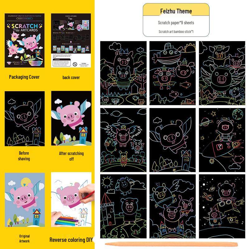 Conjunto Colorido de Arte Scratch: Livro de Rabiscos e Desenhos DIY de Desenho Animado para Crianças