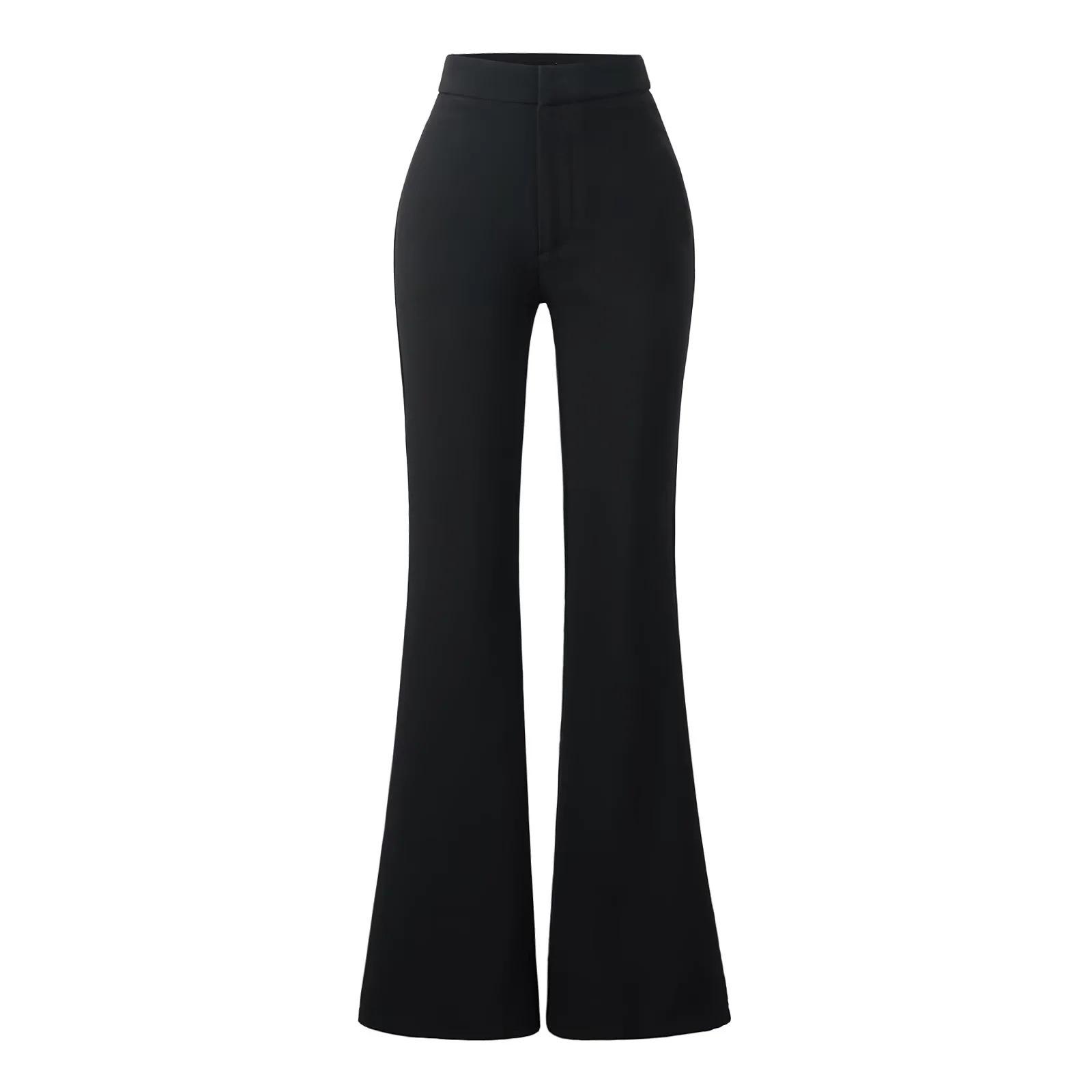 

Women s High Waist Black Micro-Flare Pants - 2025 Autumn Collection, Slimming, American Casual Floor-Length Drape Style Extra Small