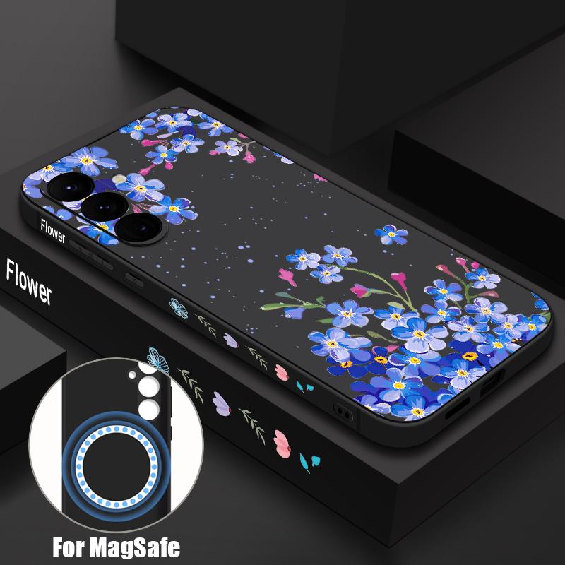 

Luxury Blue Flowers Print Case For Samsung Galaxy S26 S25 Ultra S24 S23 FE S22 Plus S21 Built-in Metal Plate Magnetic Silicone Cover Samsung S25