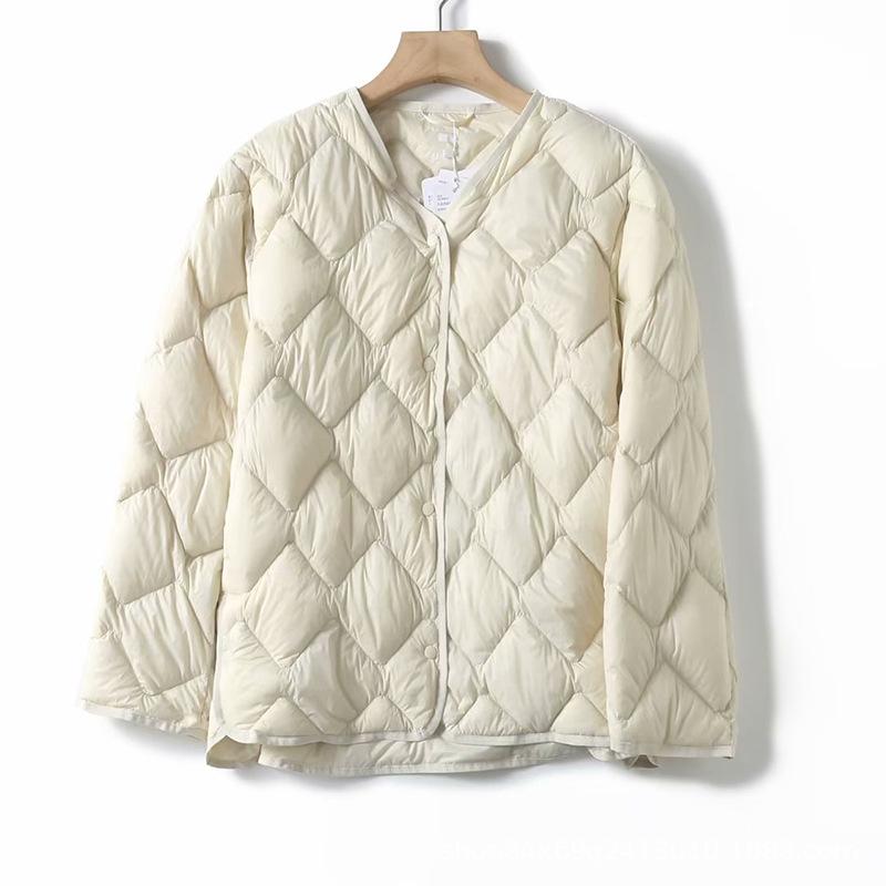 

Жіноча легка пухова куртка - Коротка, тонка, з круглим вирізом, повсякденний стиль для осені/зими L брудно-білий