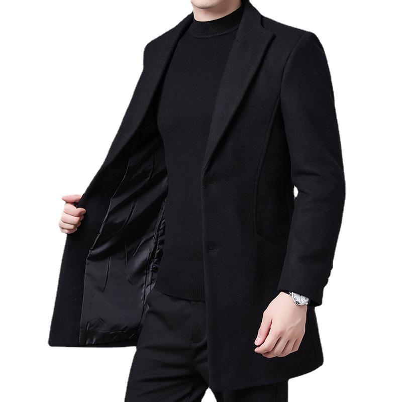 Men's 2025 Mid-Length Slim Wool Trench Coat - Stylish, Solid Color Lapel Overcoat