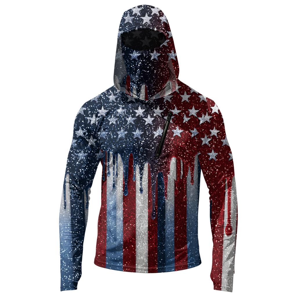 Men’s Casual Hooded Long Sleeve Sun Protection Top with Independence Day Print Lightweight Pullover for Outdoor Activities