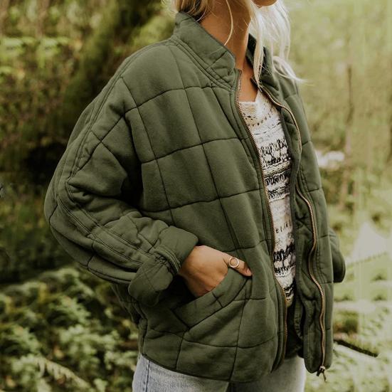 Women Winter Coat Pockets Solid Color Thick Stand Collar Long Sleeves Keep