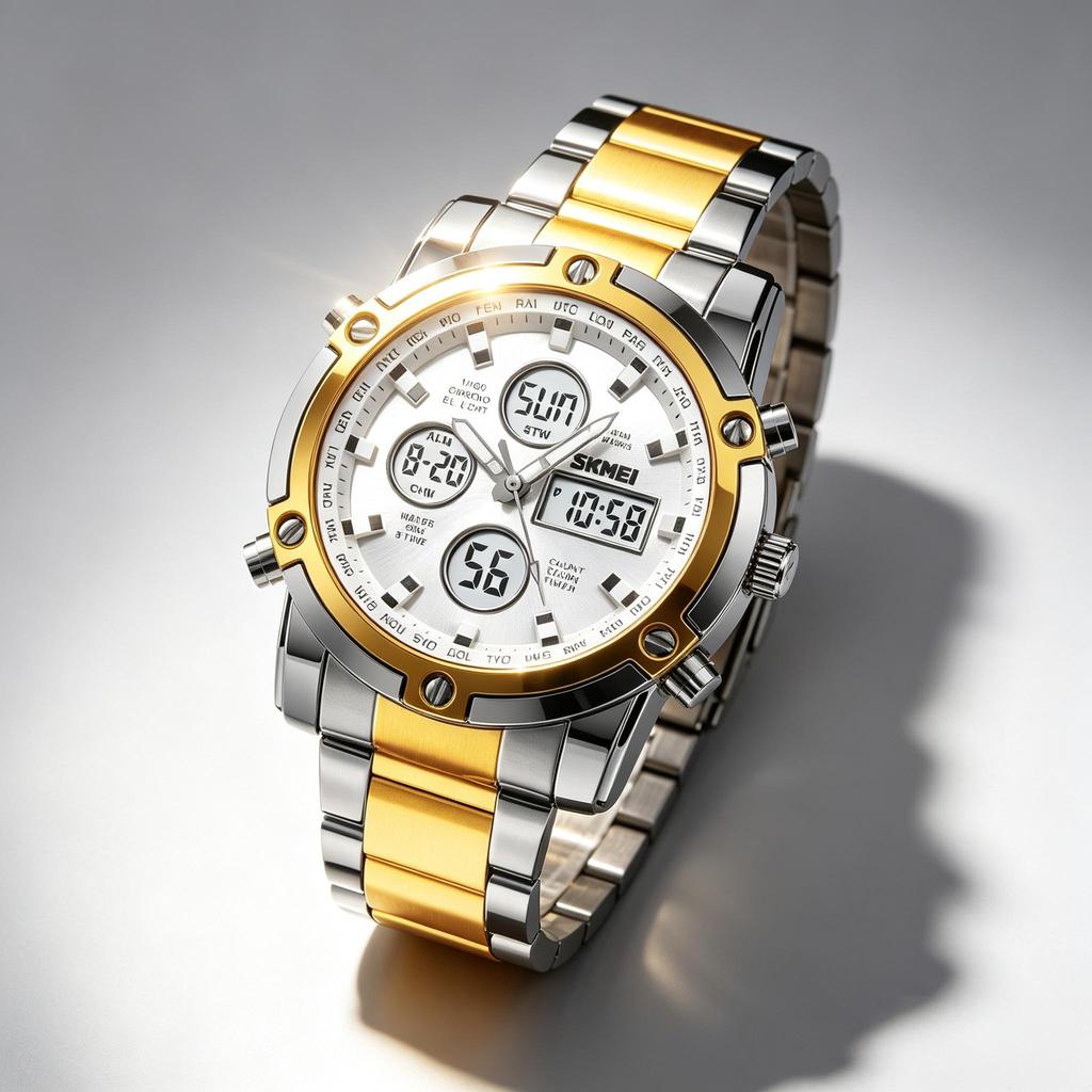 Orologio Digitale da Uomo SKMEI Triplo Fuso Orario Doppio Display Acciaio Inossidabile 1389