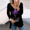 Women Autumn Water Rose Printed Long Sleeve T-Shirts Loose V-Neck Plus Size Tee Shirt Tops Comfy Blouse
