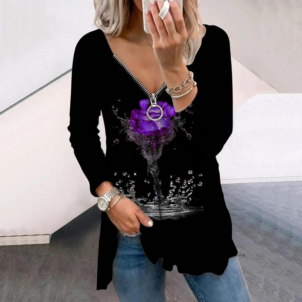 Women Autumn Water Rose Printed Long Sleeve T-Shirts Loose V-Neck Plus Size Tee Shirt Tops Comfy Blouse