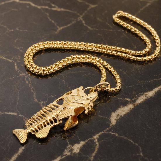 Fish Bone Necklace, Punk Street Style Hollow Fish Skeleton Pendant Design, Durable Alloy Chain for Women And Girls