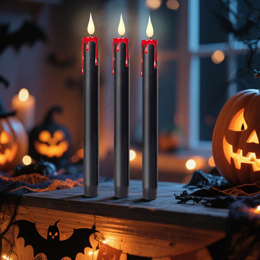 Halloween Black Conical Flameless Candle, 3D Flame Halloween Decorative Candle Light Remote Control LED Electronic Tearful Candle Light