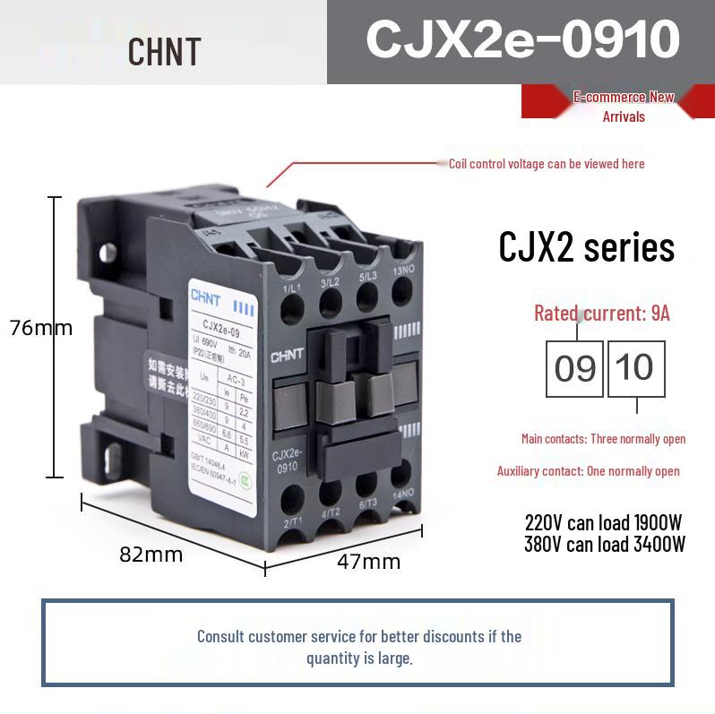 Chint Three-Phase AC Contactor CJX2 Series, 220V/380V, Models: 0910, 1210, 1810, 2510
